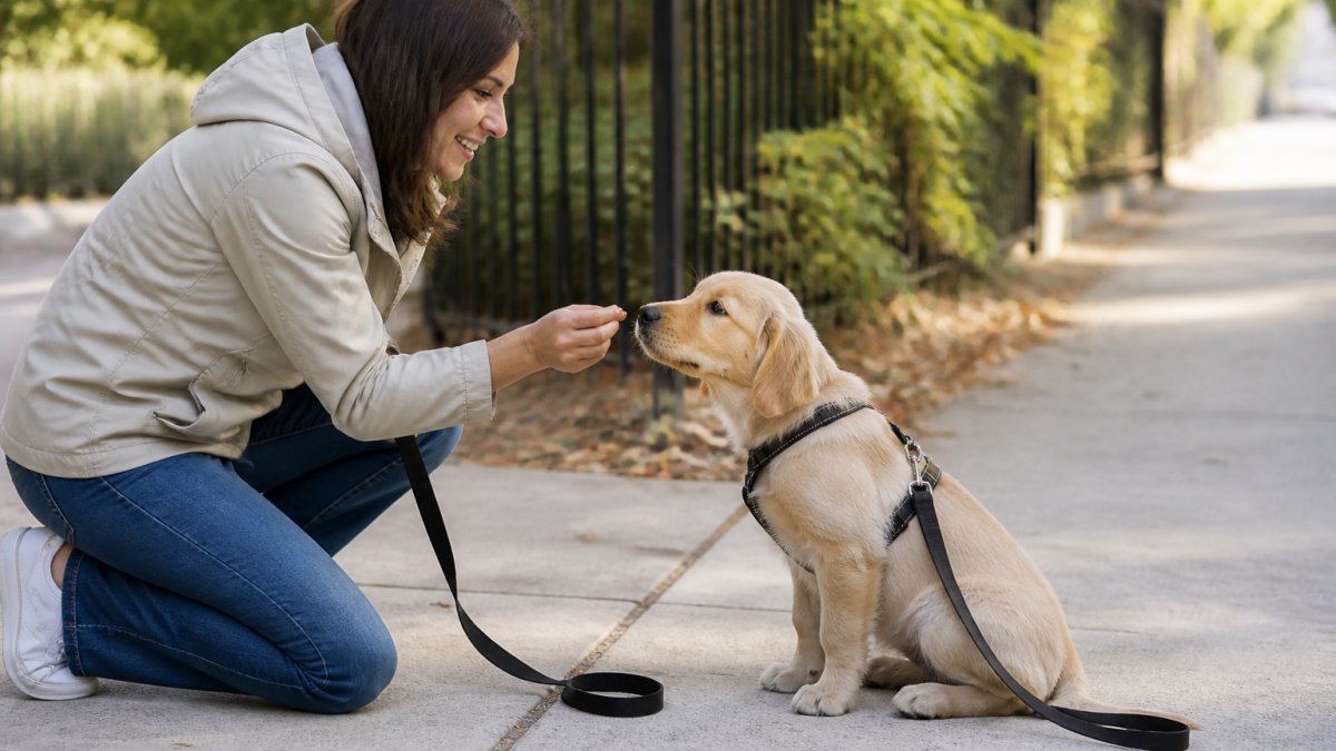 A person kneeling on a sidewalk offering a small high-value treat to a young dog that has dropped the leash and is sitting calmly, with a second leash clipped to a harness in the background