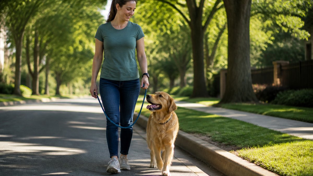 Dog owner walking a golden retriever on a leash with slack tension, dog calmly positioned beside handler on a tree-lined neighborhood street with natural morning light