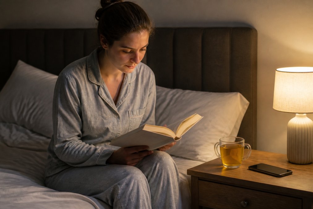 A person in comfortable pyjamas sitting on the edge of their bed in a dimly lit bedroom, reading a paper book with a cup of herbal tea on the bedside table, phone face-down out of reach