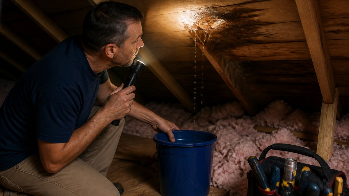 Homeowner using a flashlight and bucket to inspect ceiling water damage while learning how to stop a roof leak during heavy