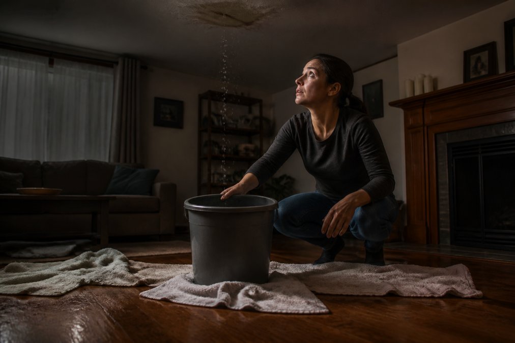 Homeowner placing a bucket under a dripping roof leak with towels on the floor to catch water splashes.