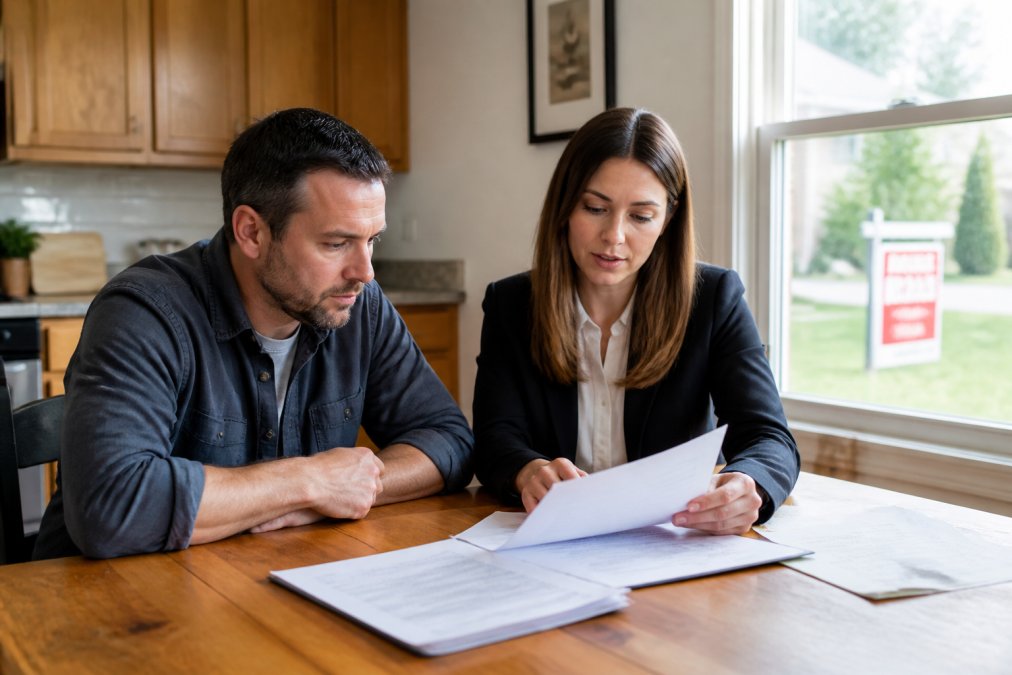 A homeowner and a real estate agent reviewing paperwork at a kitchen table with a 'For Sale' sign visible through the window, conveying urgency and decision-making