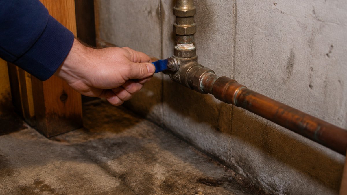 Step-by-step diagram for a water leak plumber showing how to turn off the main house water valve at the pipe.
