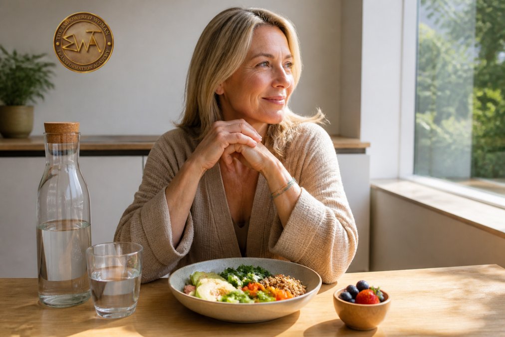 A woman sitting at a kitchen table with a balanced meal and water, looking calm and satisfied, natural morning light