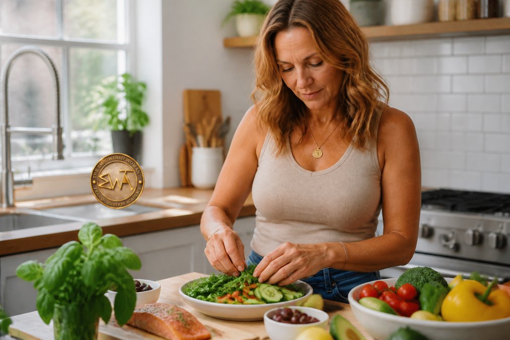 A woman preparing a balanced meal in a bright kitchen, selecting fresh vegetables and proteins with calm focus, natural daylight streaming through windows