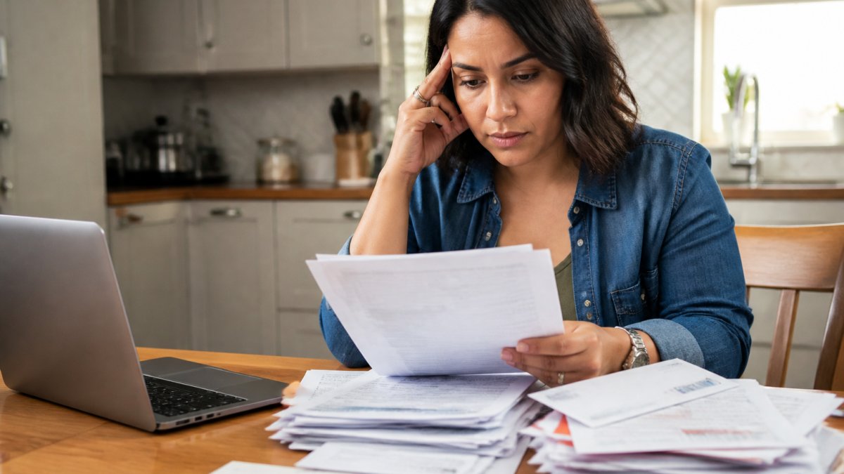 A person reviewing a stack of official IRS notices at a kitchen table with a laptop open to a banking website, looking concerned but focused