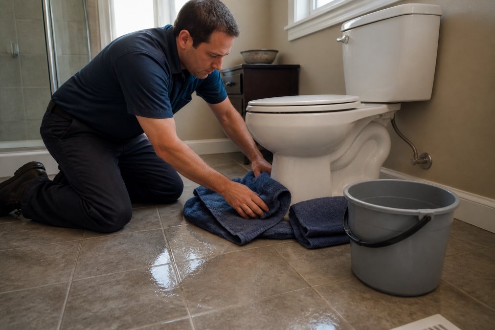 A homeowner kneeling on a tiled bathroom floor placing thick folded towels and a plastic bucket around the base of a toilet, standing water visible on the tile, focused expression, natural bathroom lighting