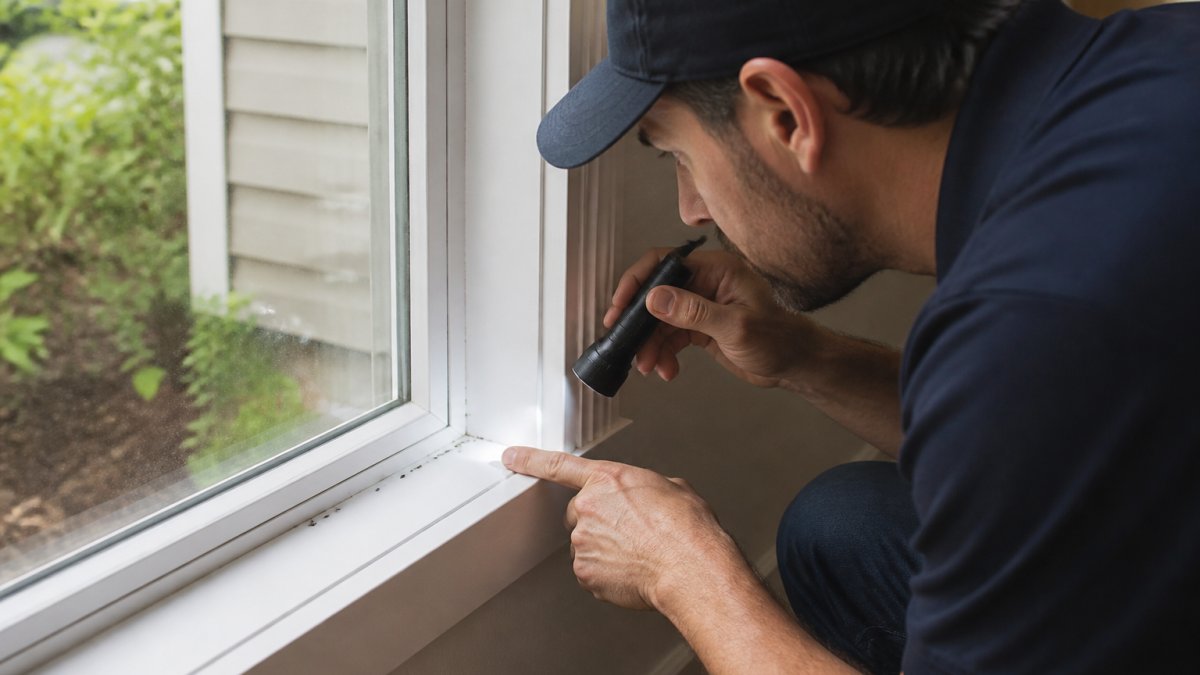 Homeowner using a flashlight to inspect along the edge of a window frame, pointing at a small crack where ants are trailing