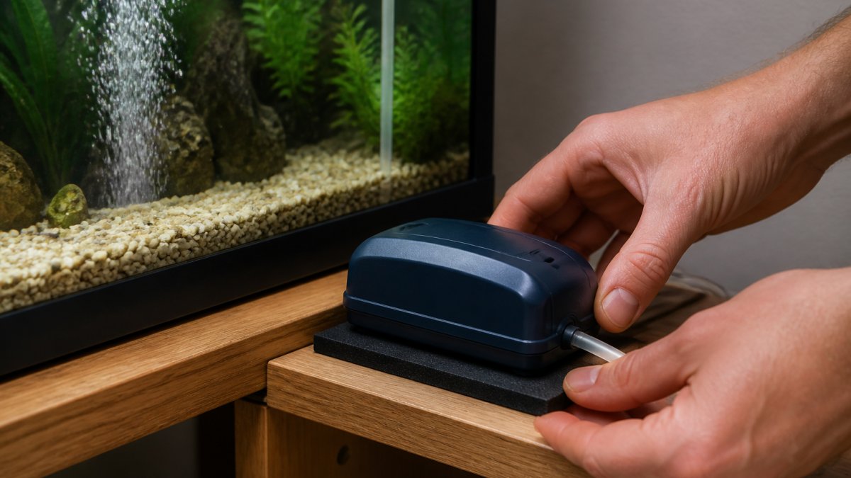 Hands placing a rubber vibration pad under an air pump on a wooden stand near a fish tank