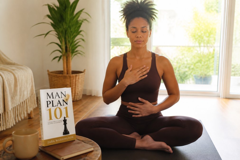 Woman practicing calm breathing to heal after dating emotionally unavailable men in a sunlit room.