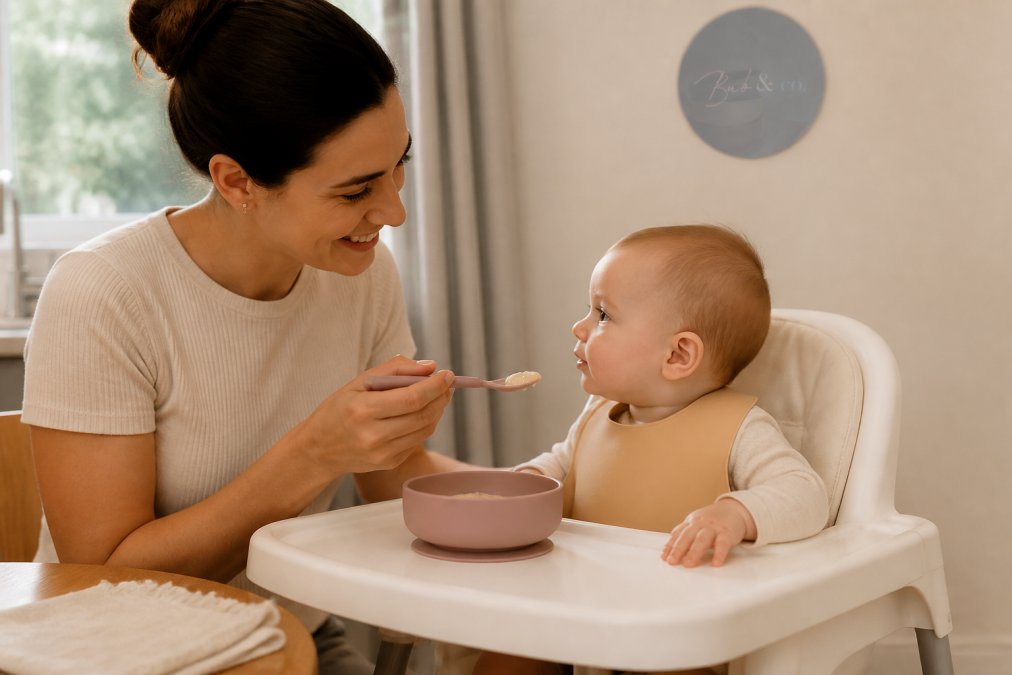 A parent sitting at a table with a baby in a high chair, offering a soft silicone spoon with puree. The baby is upright, looking at the spoon, and the parent is smiling calmly. A silicone suction bowl is attached to the high chair tray