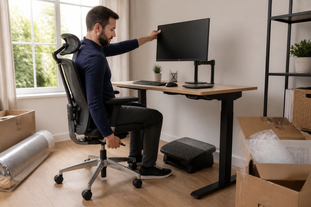 A person adjusting their ergonomic chair and monitor to prevent back pain at desk while working in a home office.