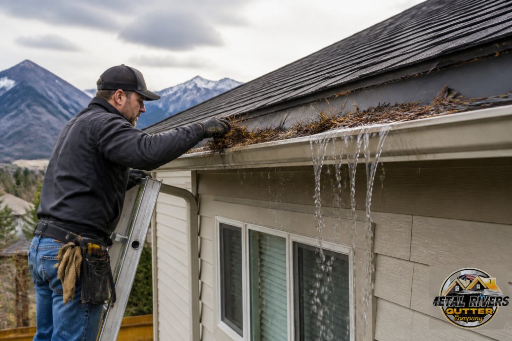 Homeowner cleaning debris from a clogged gutter to help stop basement flooding during an overcast day.