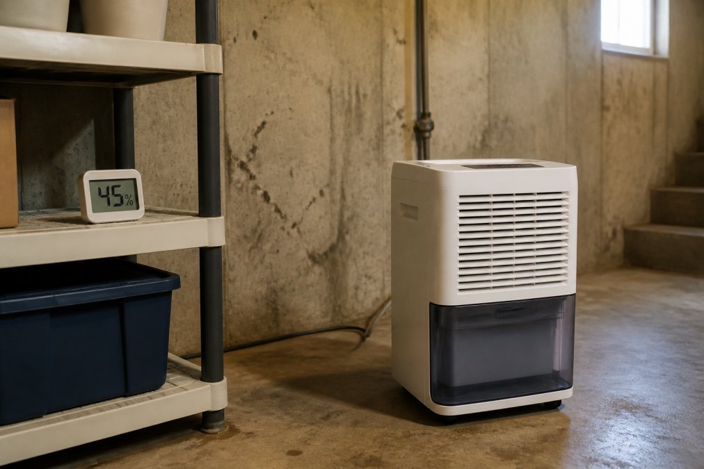 A modern portable dehumidifier with a visible water collection tank running on a concrete basement floor, with a digital hygrometer on a nearby shelf displaying 45 percent humidity
