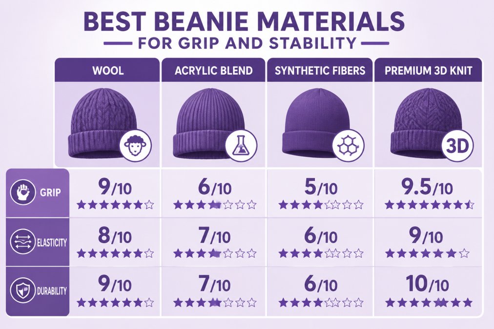 Comparison matrix showing beanie materials: Wool (grip rating 9/10, elasticity 8/10, durability 9/10), Acrylic blend (grip 6/10, elasticity 7/10, durability 7/10), Synthetic fibers (grip 5/10, elasticity 6/10, durability 6/10), Premium 3D knit (grip 9.5/10, elasticity 9/10, durability 10/10)