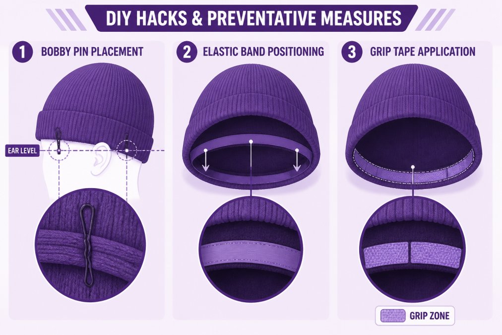 Step-by-step diagram showing bobby pin placement through beanie fabric at ear level, elastic band positioning inside beanie, and grip tape application zones on interior band