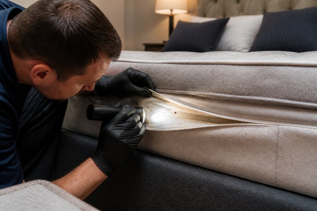 Close-up of a person inspecting the seam of a mattress with a flashlight in a dim bedroom, gloved hands lifting the fabric edge