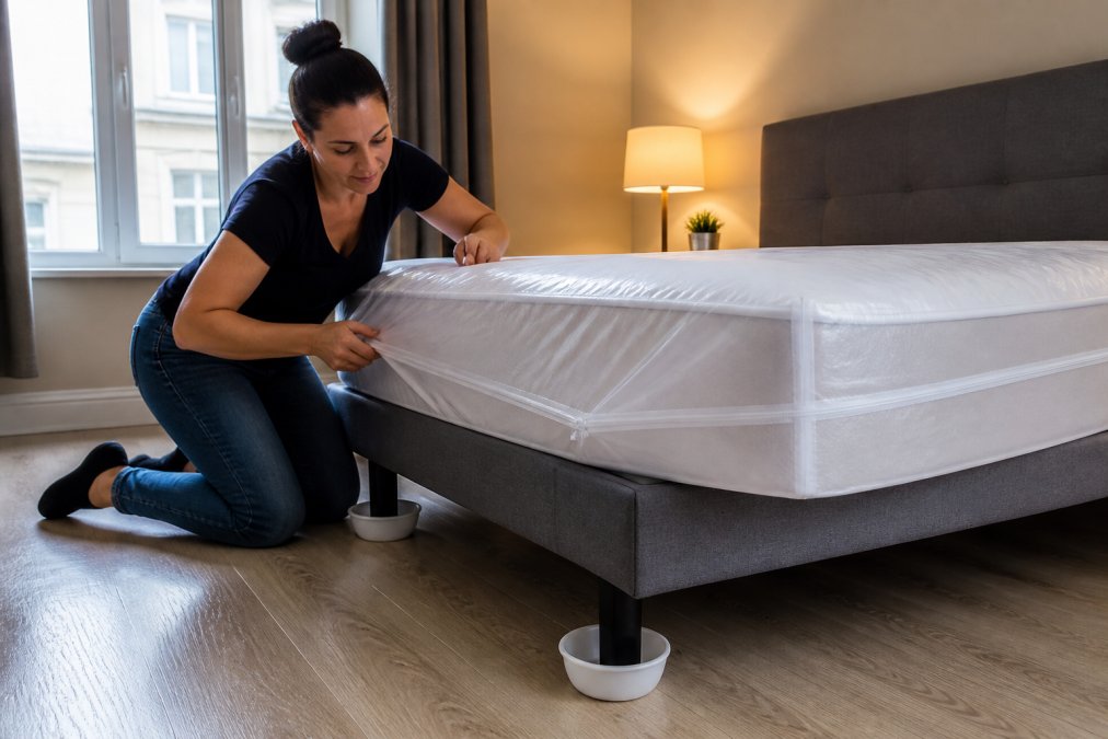A person in a bright bedroom carefully sliding a clear plastic mattress encasement over a mattress, with interceptor cups visible under the bed frame legs