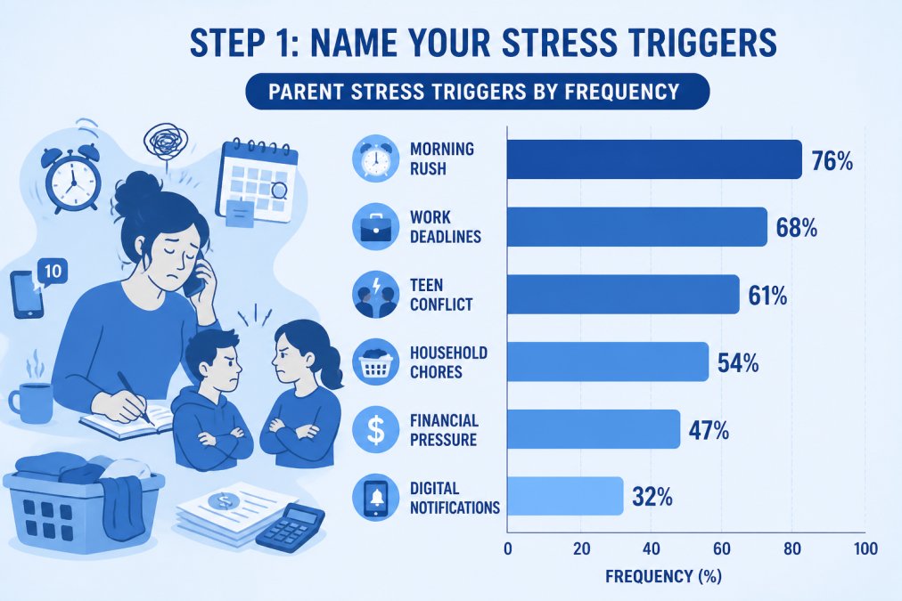 Bar chart ranking common parenting stress triggers to help you stop being stressed by identifying daily pressure points.