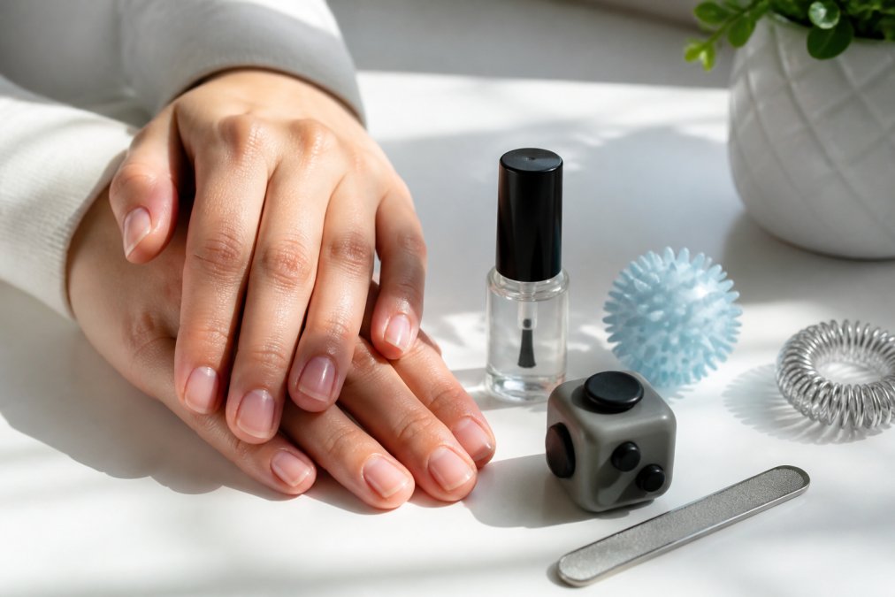 Close-up of hands with healthy nails next to a bottle of bitter-tasting nail polish, fidget tools, and nail file on a clean white surface with natural morning light
