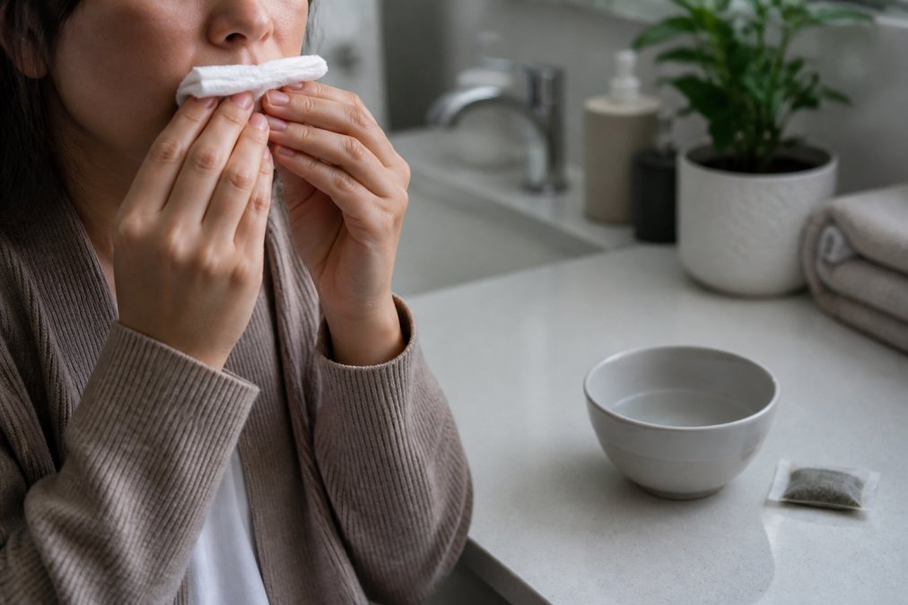 Person holding a folded gauze pad to their mouth to stop bleeding after a dental procedure near a tea bag.