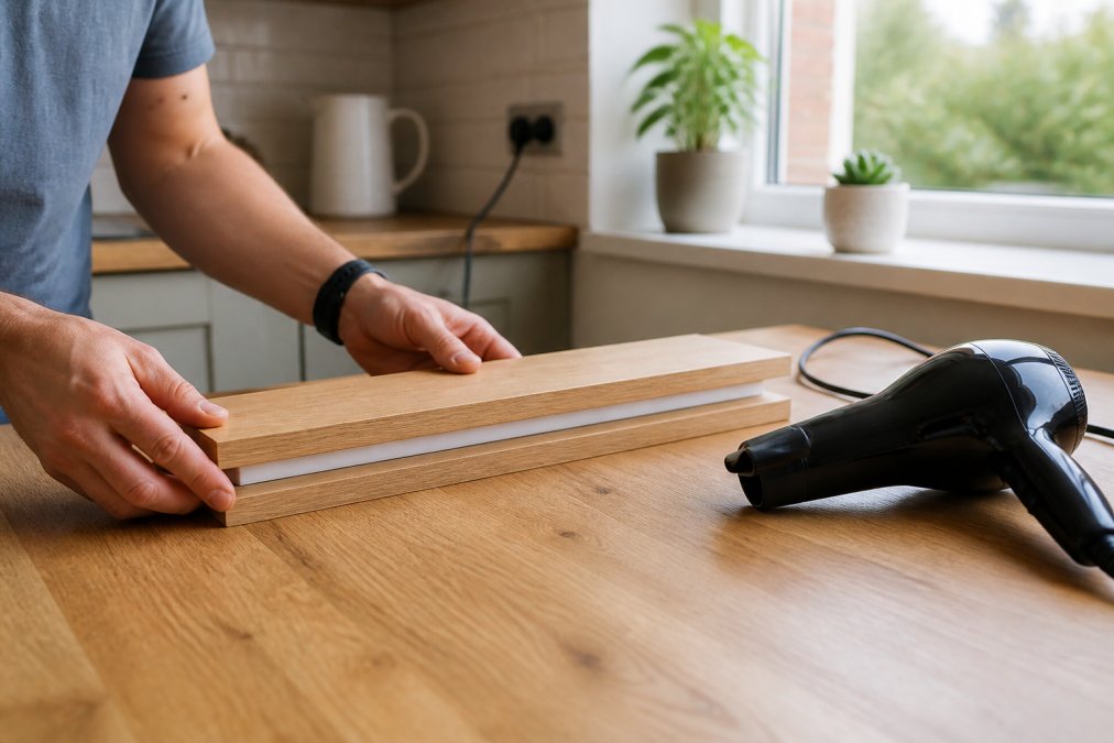 A person's hands gently clamping a straightened PVC blind slat between two flat wooden boards on a kitchen table, with a hairdryer plugged in nearby and natural daylight coming through the window