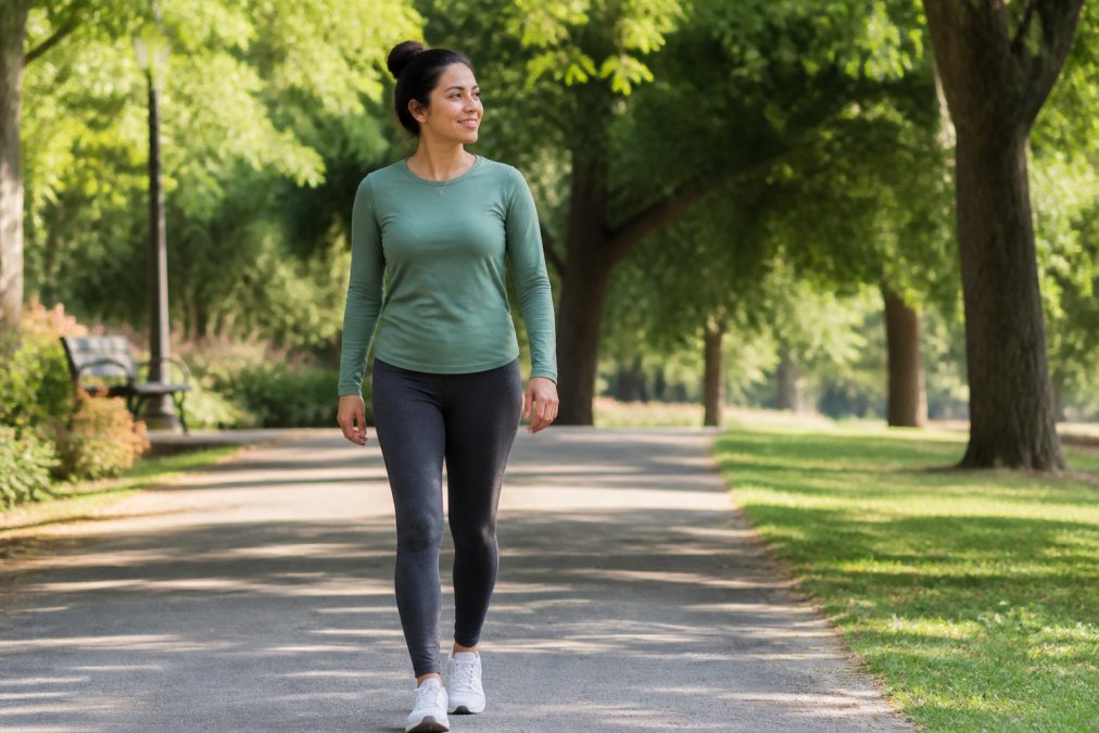 Person taking a relaxed walk in a park after a meal to help stop bloating naturally.
