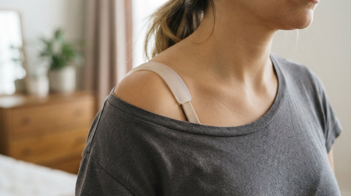 Woman's shoulder showing a bra strap cushion pad applied to the bra strap, demonstrating the silicone pad preventing shoulder indentation while providing secure grip