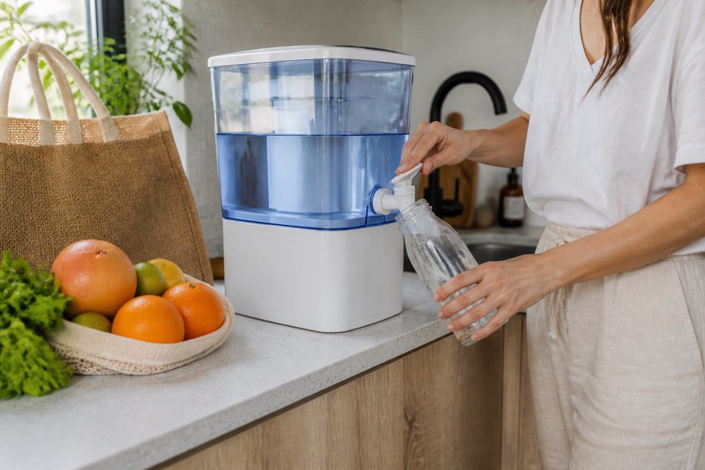 A person filling a reusable glass bottle from a bench top water filter jug in a bright kitchen, with fresh fruit and a reusable shopping bag on the counter beside it