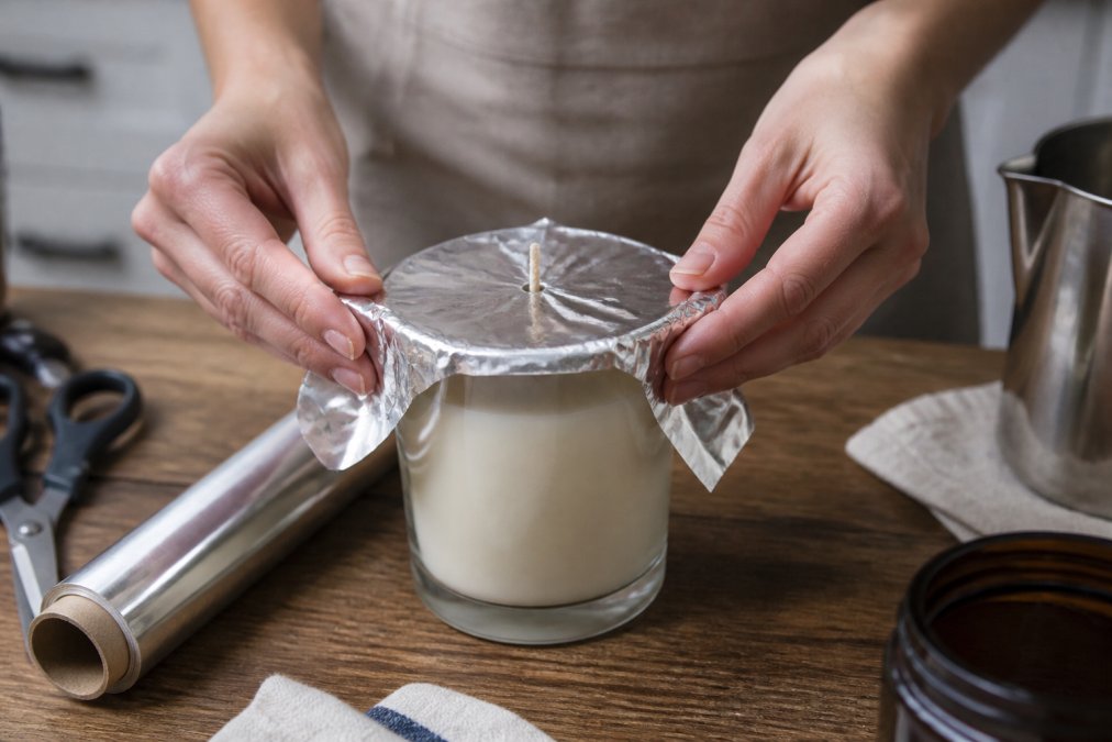 Close-up of hands wrapping aluminum foil around the top edge of a glass jar candle, leaving the wick exposed and the foil tented over the opening, warm ambient kitchen lighting