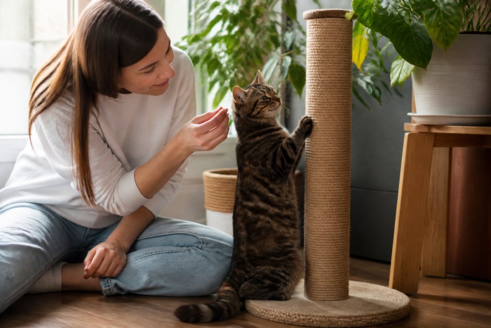 Cat owner rewarding a cat with treats near a vertical sisal rope scratching post, demonstrating positive reinforcement training with natural window lighting