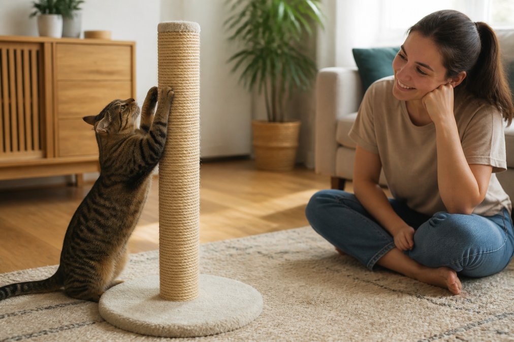 Cat actively scratching a tall sisal rope scratching post while a cat owner watches and observes nearby in a bright living room with natural window lighting