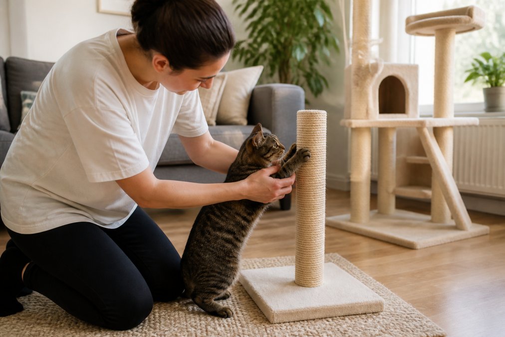 A person gently guiding a cat's paws onto a sisal rope scratching post in a bright living room, with a cat tree nearby and a couch visible in the background