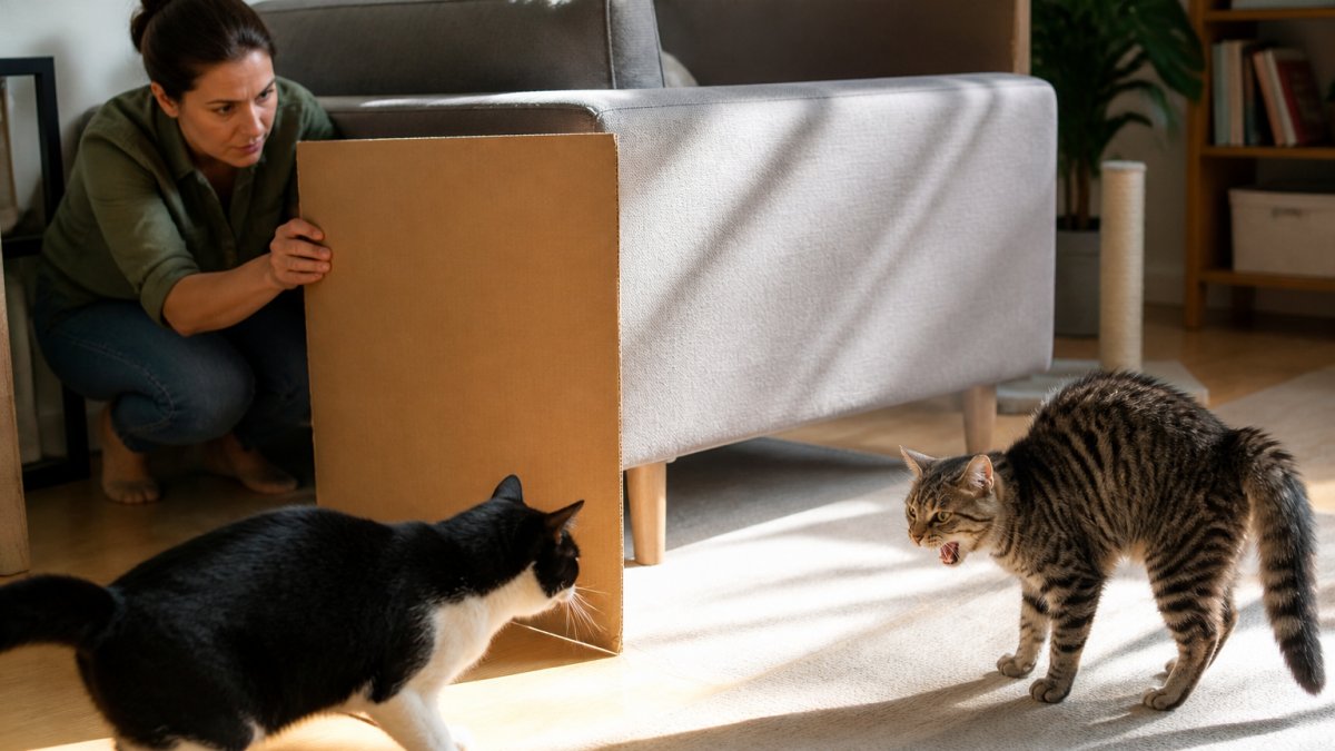 A person crouching behind a couch holding a large flattened cardboard box to separate two cats in a sunlit living room, keeping distance and using the board as a visual barrier