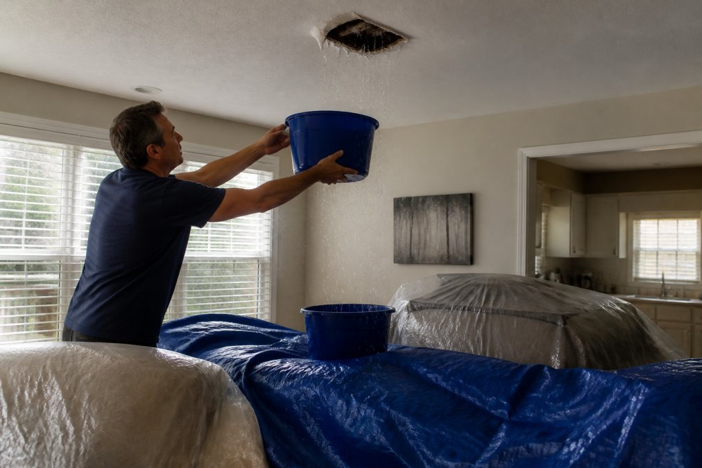 Homeowner placing plastic buckets and tarping under an active ceiling leak with water dripping visible, protective coverings on furniture below, natural indoor lighting