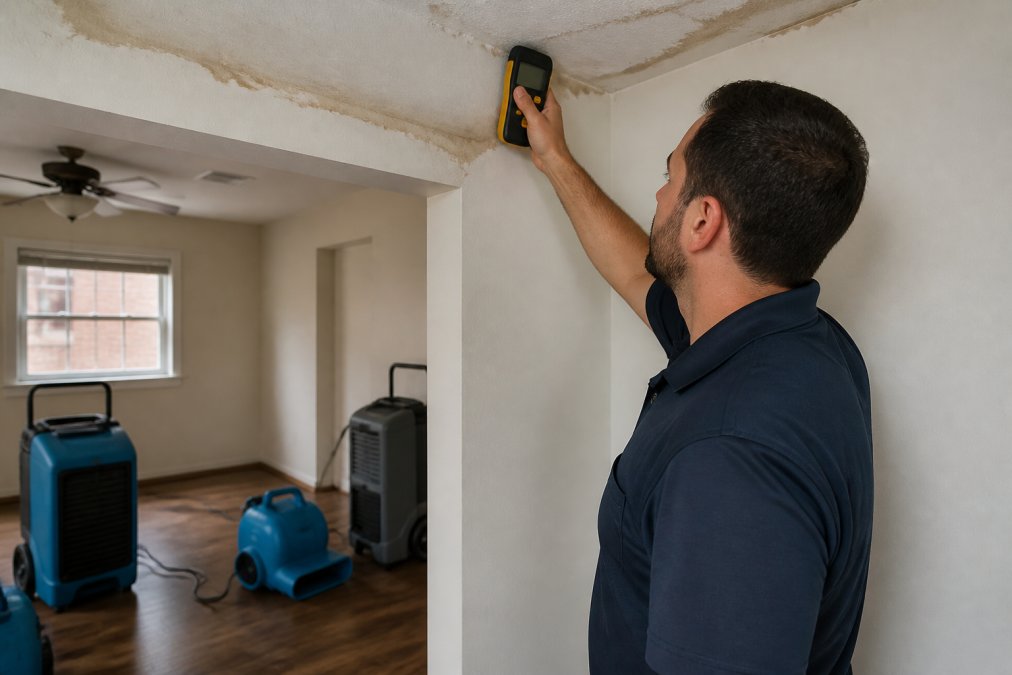 Restoration technician using a moisture meter on drywall near a ceiling leak, with dehumidifiers and ventilation equipment visible in background of residential room, professional lighting