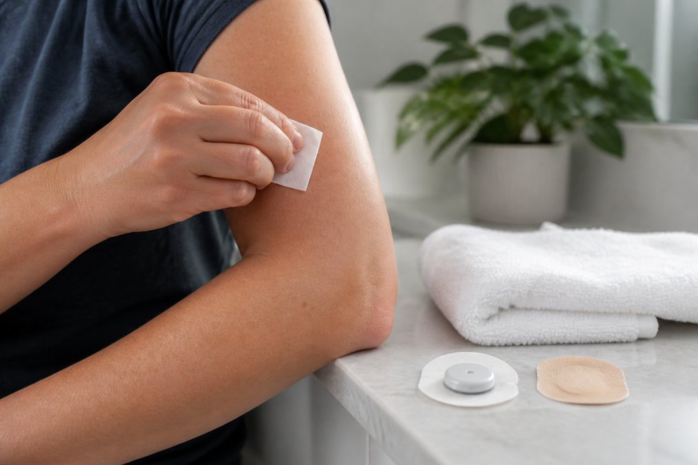 Cleaning the skin with an alcohol pad before applying a CGM sensor to prevent peeling on the upper arm.