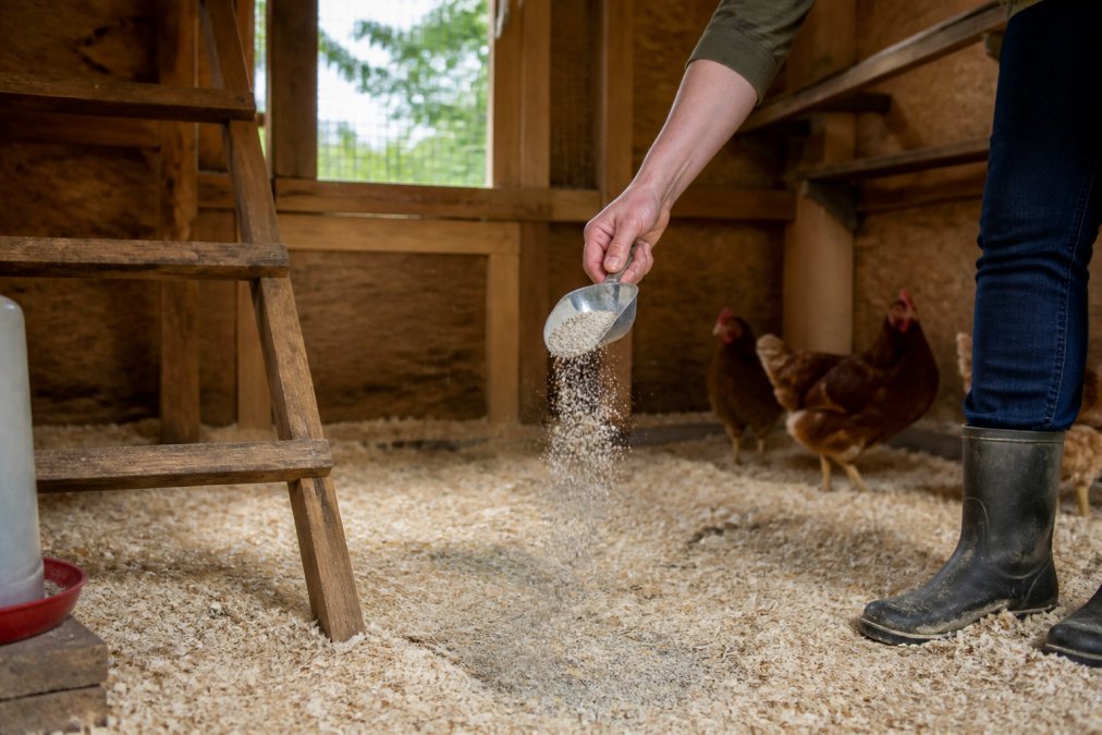 A person sprinkling light grey zeolite granules over fresh wood shavings inside a clean backyard chicken coop, natural morning light streaming through a small window