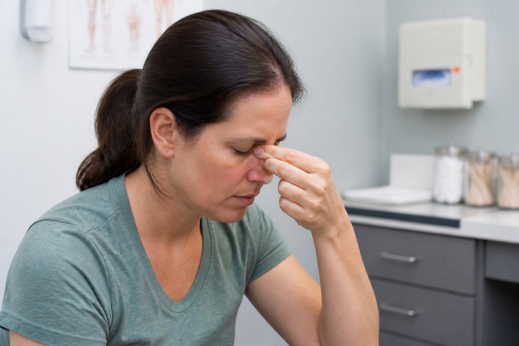 Person demonstrating proper nasal pinching technique during a nosebleed, showing correct hand placement on the bridge of the nose with head tilted slightly forward in a clinical setting