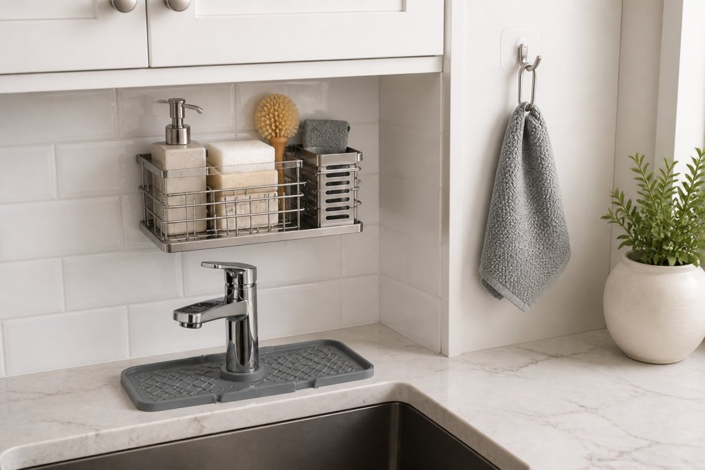 Clean, modern kitchen sink area with white subway tile backsplash, a wall-mounted stainless steel shelf holding a soap dispenser and organized sponge container, command hooks on cabinet doors with a neatly folded dishcloth, and clear countertop space with only a minimalist splash mat visible
