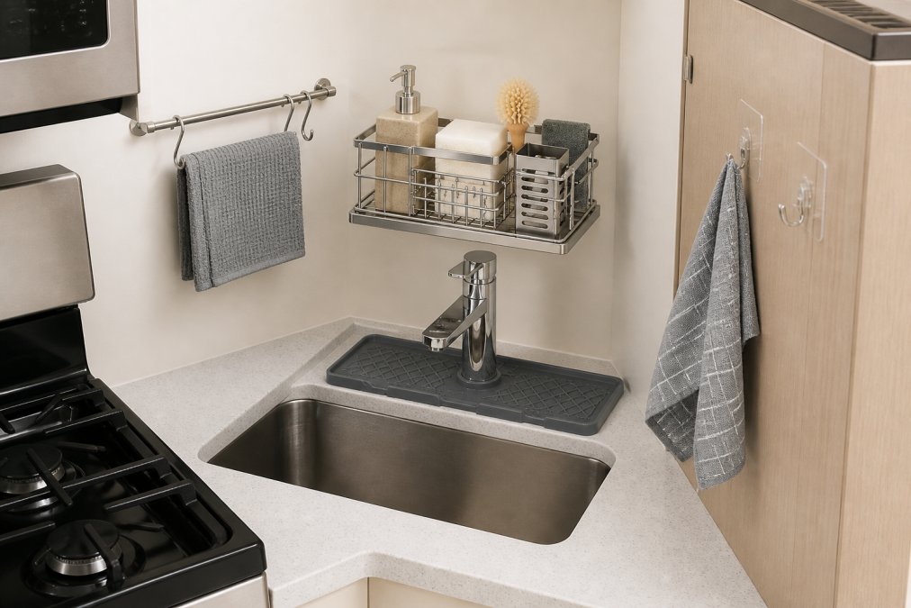 Compact apartment kitchen with sink wedged in corner beside stove, showing command hooks on cabinet doors holding a folded dishcloth, a narrow wall-mounted stainless steel shelf above the sink holding a minimalist soap dispenser, a tension rod with S-hooks holding a small towel, and a sleek black splash mat under the faucet with clear counter space on both sides