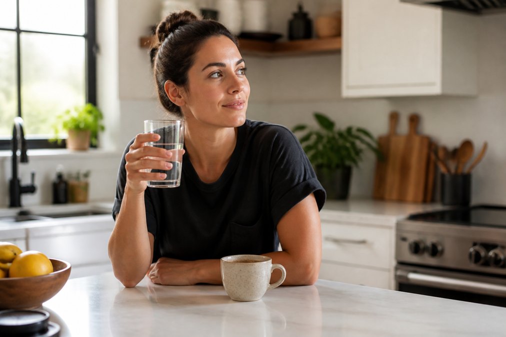 A person sitting at a bright kitchen counter holding a large glass of water next to a half-finished cup of coffee, looking calm and composed, morning light streaming through a window behind them