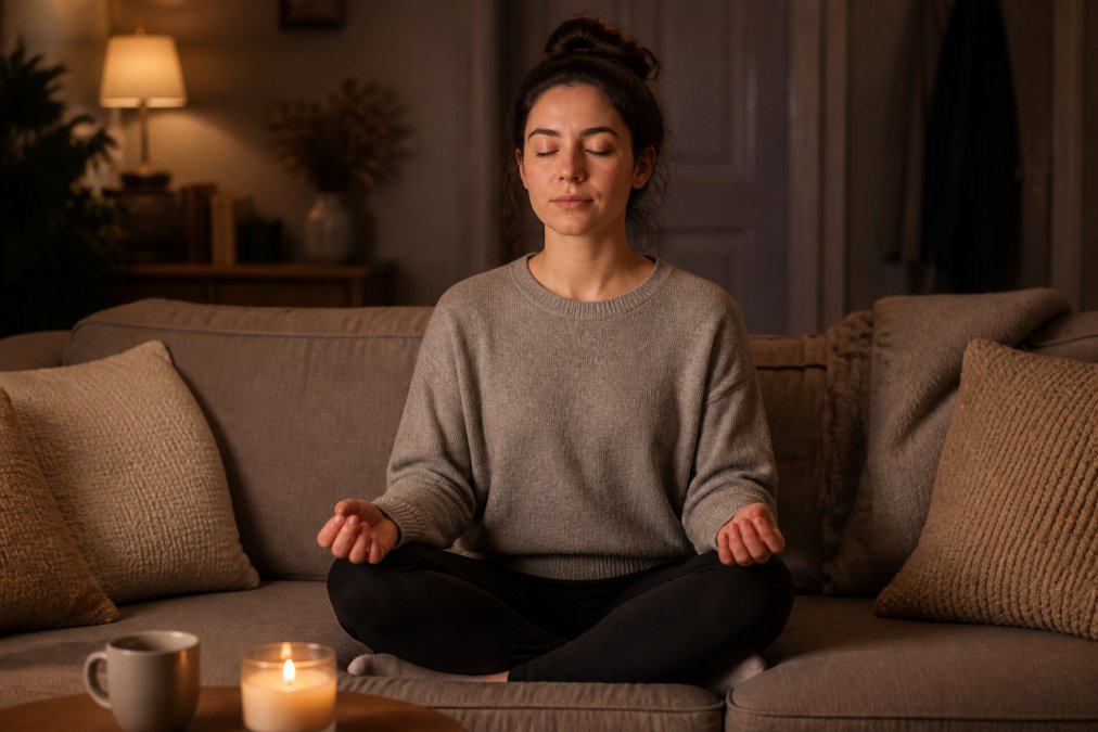 A person sitting quietly on a couch with eyes closed, hands resting on their knees in a relaxed position, soft warm indoor lighting suggesting a calming nighttime routine