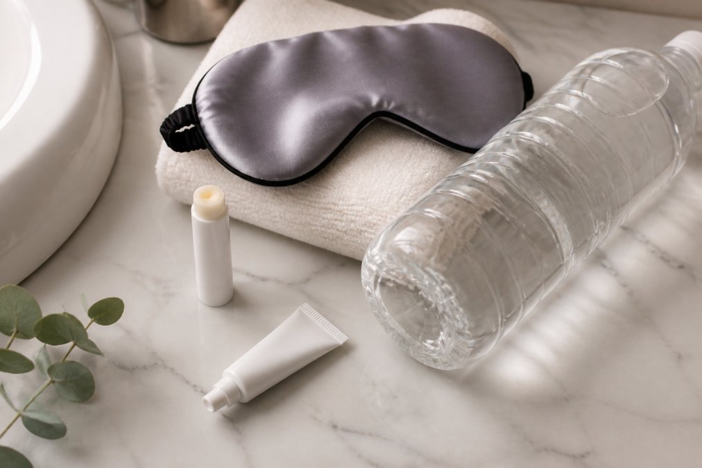 A neatly arranged flat lay on a bathroom counter featuring lip balm with SPF, a small travel-size antiviral cream tube, a water bottle, and a sleep mask on a soft towel
