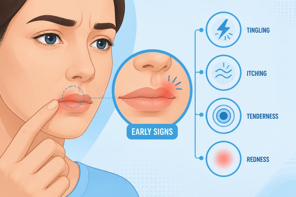 Close-up of a person's face touching their lip area with a concerned expression, showing early redness and tension around the mouth