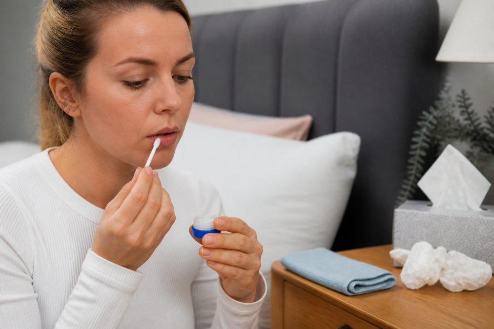 Person carefully applying cold sore treatment cream to their lip with a small applicator stick, with a cold compress and tissues visible on a nightstand nearby