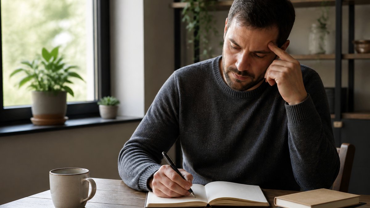 A man sitting at a desk writing in a journal to reflect on triggers for compulsive sexual behaviors.