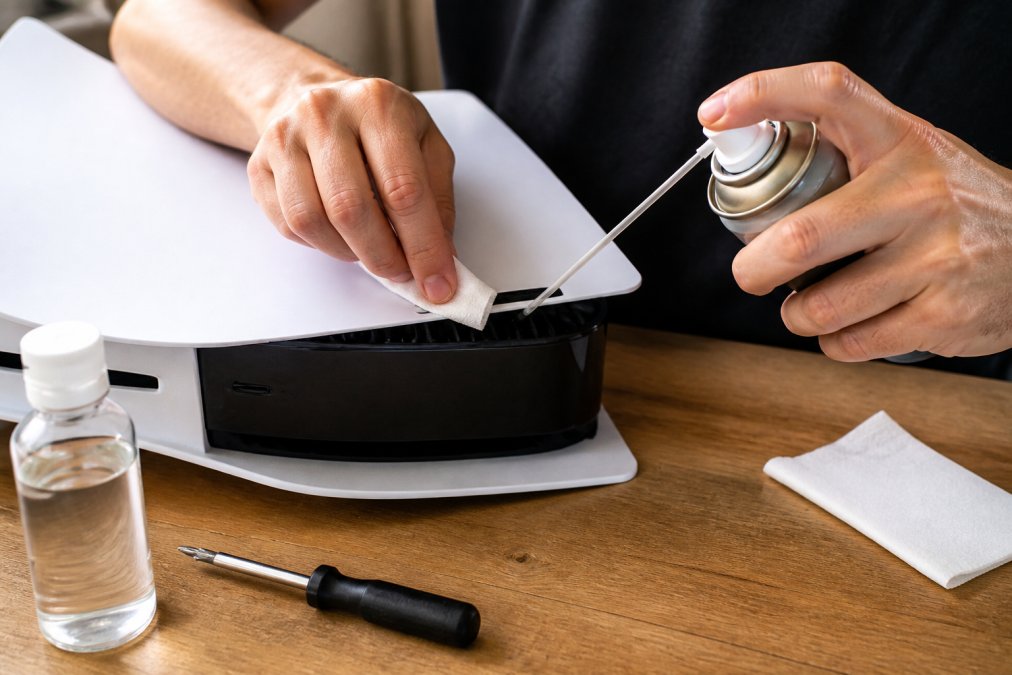 Close-up of hands using a can of compressed air and a lint-free cloth to clean the vents of a white gaming console on a wooden desk, with a small screwdriver and isopropyl alcohol bottle nearby