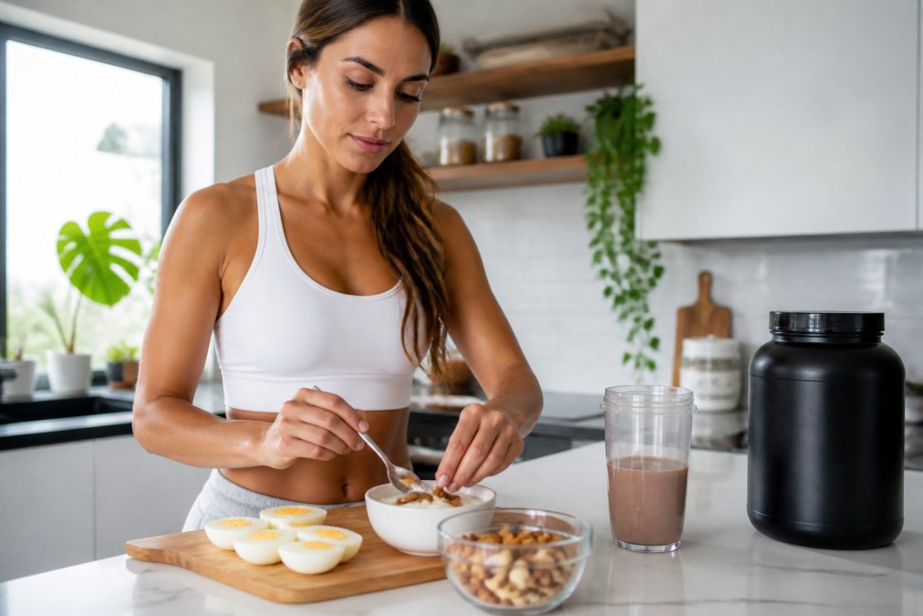 Person preparing a protein-rich snack in a modern kitchen, with eggs, Greek yogurt, mixed nuts, and a protein powder container visible on a marble counter in natural morning light