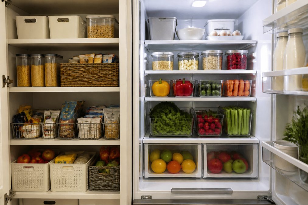 A well-organized kitchen pantry and refrigerator with healthy snacks on eye-level shelves, colorful vegetables in clear containers on the front of the fridge, and processed snacks stored out of sight on upper shelves behind opaque boxes